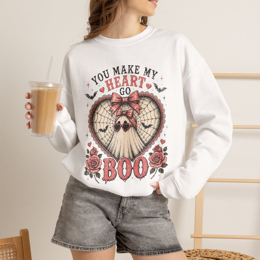 Crewneck Sweatshirt — "You Make My Heart Go Boo" Cute Gothic Halloween Heart Skull Design