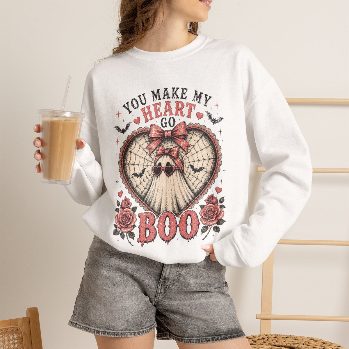 Crewneck Sweatshirt — "You Make My Heart Go Boo" Cute Gothic Halloween Heart Skull Design