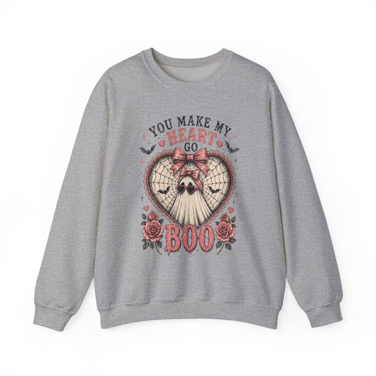 Crewneck Sweatshirt — "You Make My Heart Go Boo" Cute Gothic Halloween Heart Skull Design - Boo Crew Boutique