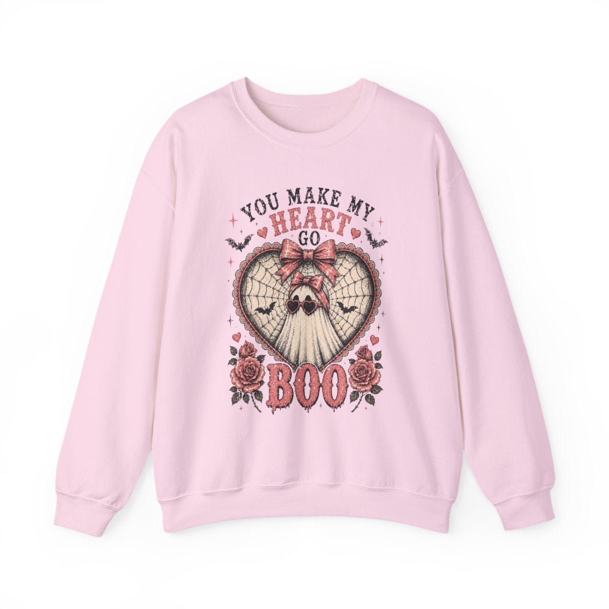 Crewneck Sweatshirt — "You Make My Heart Go Boo" Cute Gothic Halloween Heart Skull Design