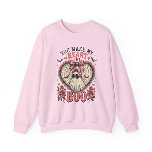 Crewneck Sweatshirt — "You Make My Heart Go Boo" Cute Gothic Halloween Heart Skull Design - Boo Crew Boutique