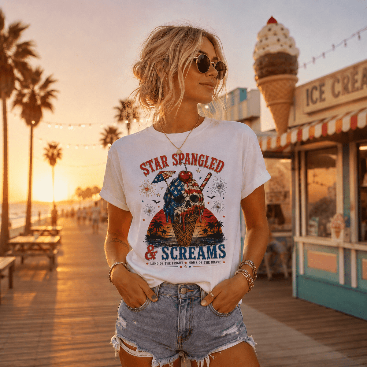 Patriotic Skull Ice Cream T-Shirt – "Star Spangled & Screams" 4th of July Graphic Tee - Boo Crew Boutique