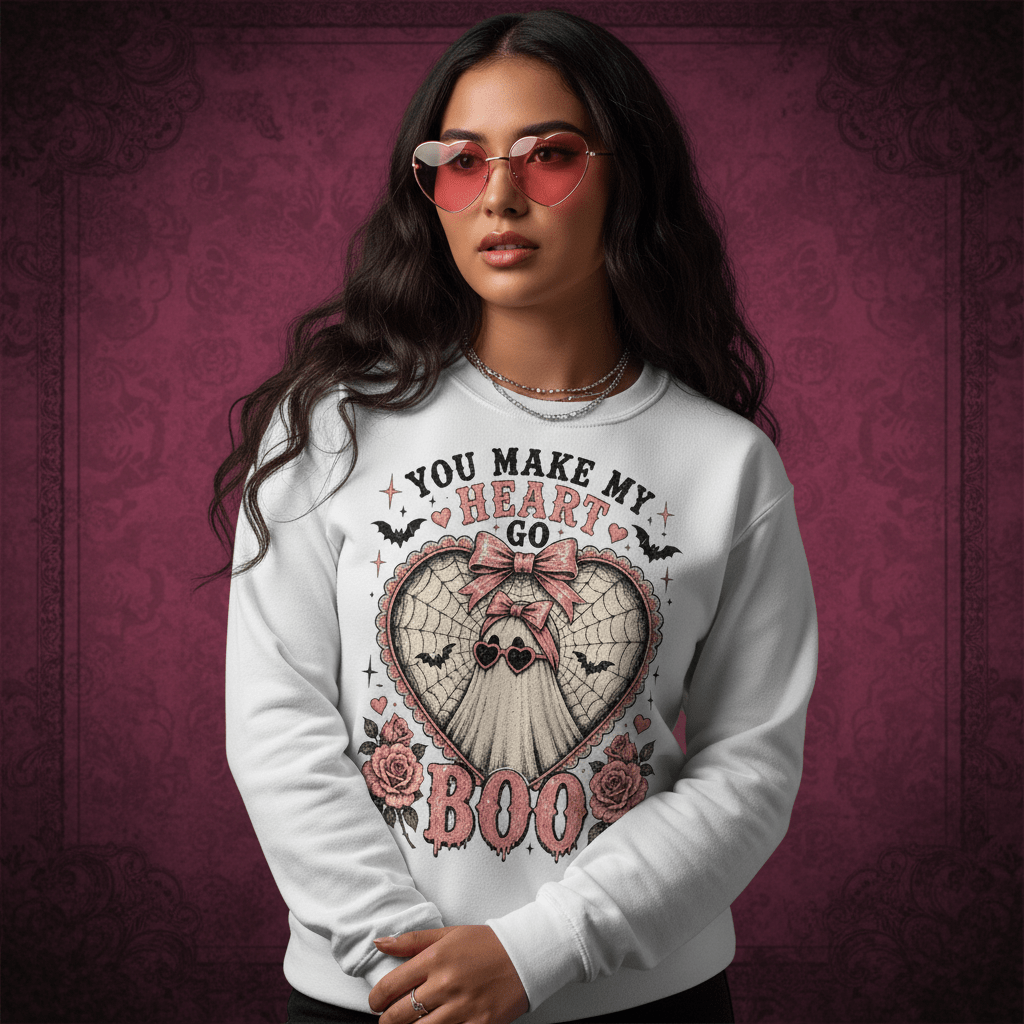 Crewneck Sweatshirt — "You Make My Heart Go Boo" Cute Gothic Halloween Heart Skull Design - Boo Crew Boutique