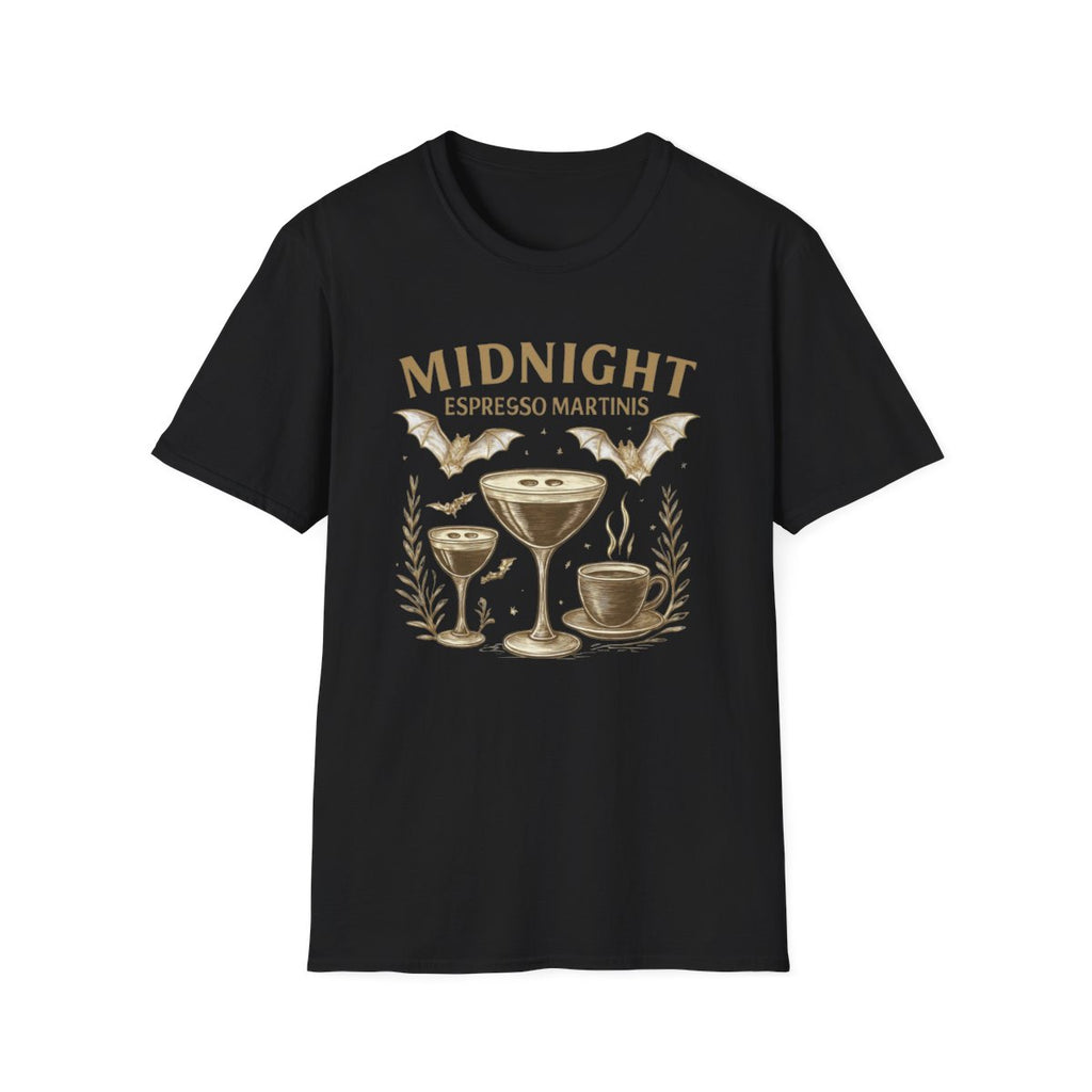 Midnight Espresso Martinis T-Shirt | Unisex Softstyle Tee for Parties, Holidays, Cocktail Lovers, Fun Gatherings, Gift Idea