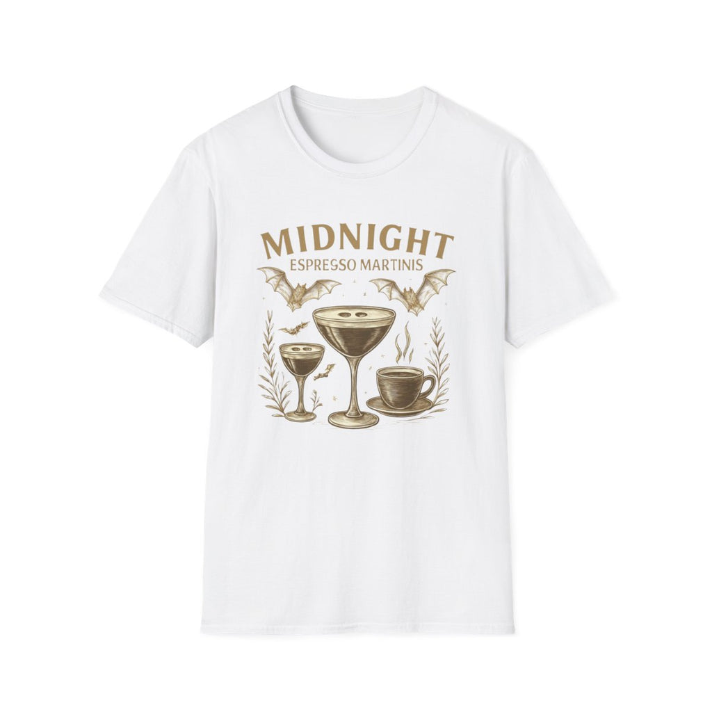 Midnight Espresso Martinis T-Shirt | Unisex Softstyle Tee for Parties, Holidays, Cocktail Lovers, Fun Gatherings, Gift Idea