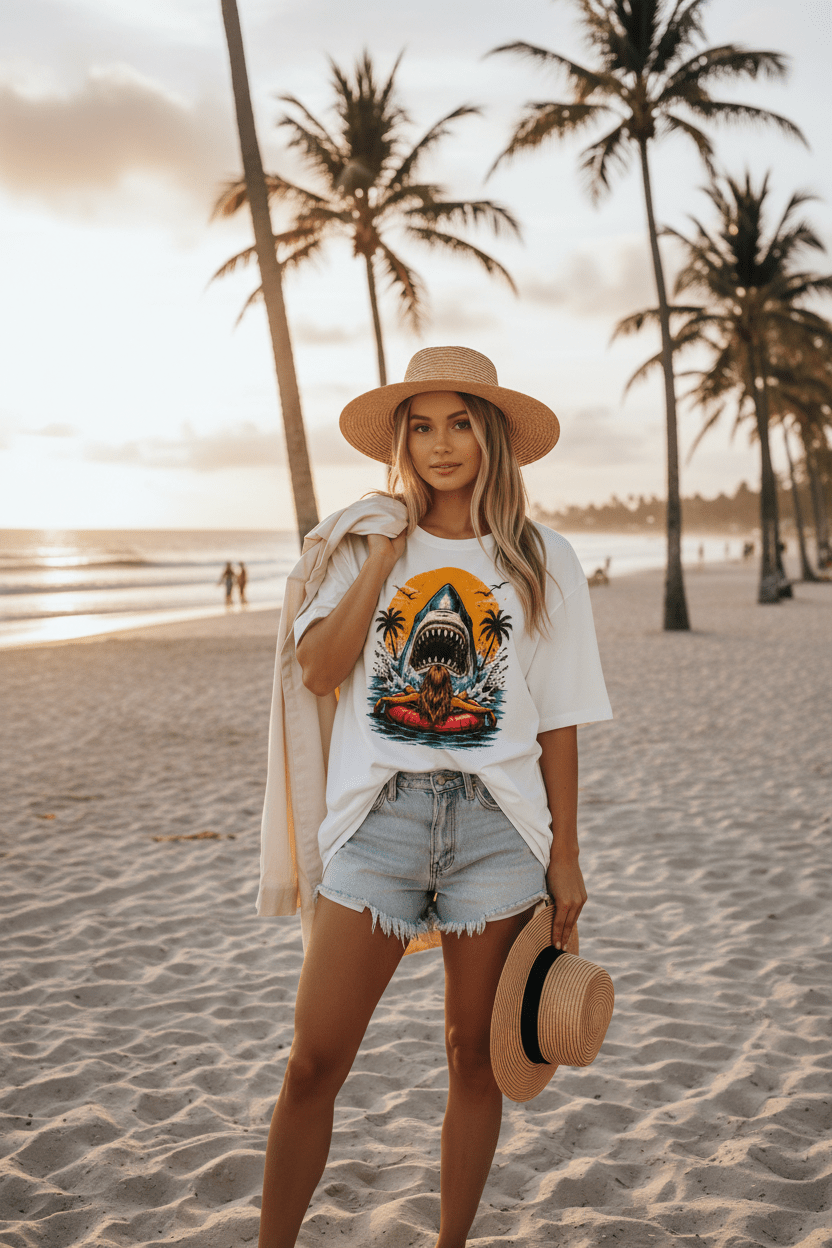 Shark Attack Graphic T-Shirt — Retro Surf Sunset Design - Boo Crew Boutique