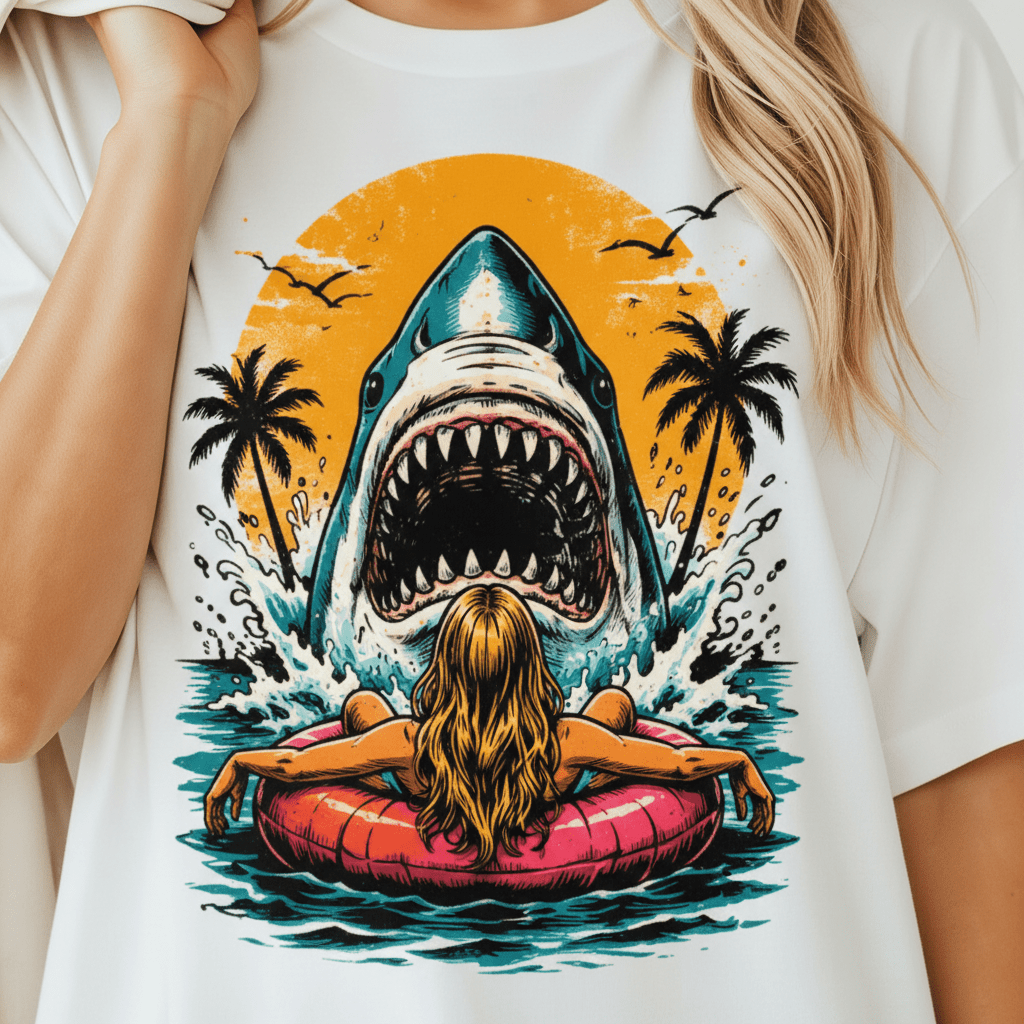 Shark Attack Graphic T-Shirt — Retro Surf Sunset Design - Boo Crew Boutique