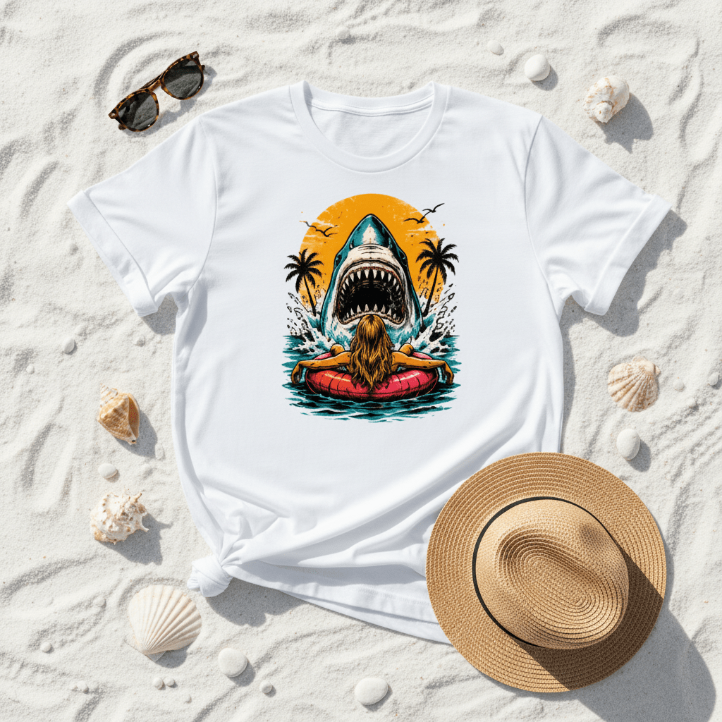 Shark Attack Graphic T-Shirt — Retro Surf Sunset Design - Boo Crew Boutique