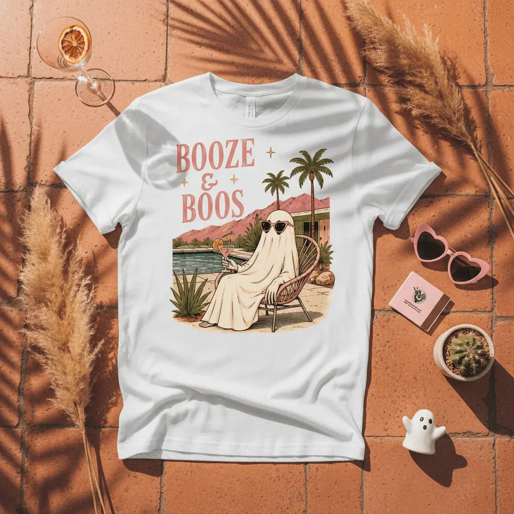 Booze & Boos T‑Shirt — Retro Palm Tree Ghost Graphic - Boo Crew Boutique