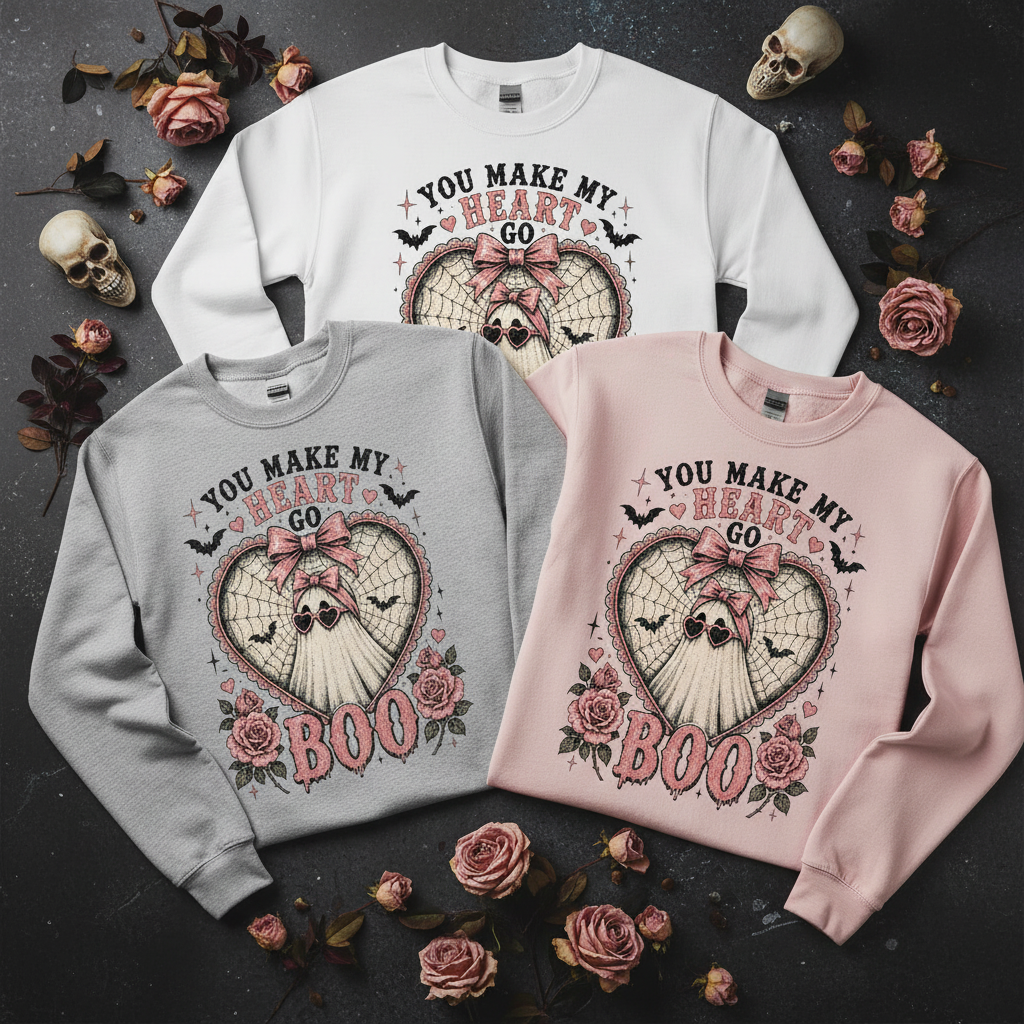 Crewneck Sweatshirt — "You Make My Heart Go Boo" Cute Gothic Halloween Heart Skull Design