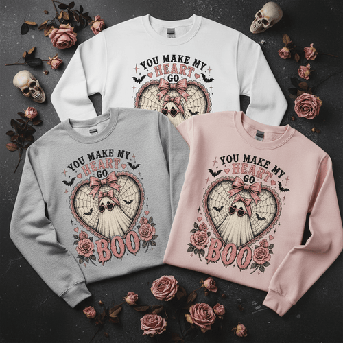 Crewneck Sweatshirt — "You Make My Heart Go Boo" Cute Gothic Halloween Heart Skull Design - Boo Crew Boutique
