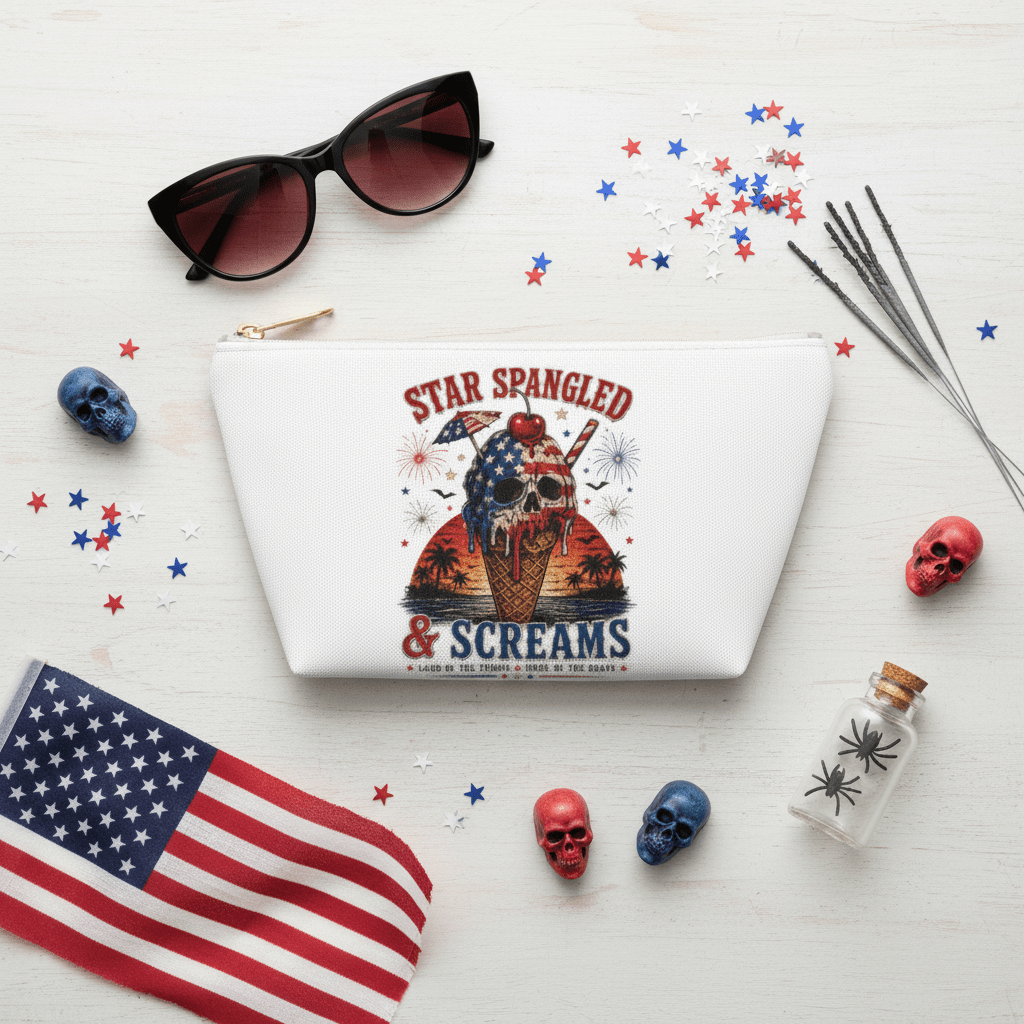 Accessory Pouch — "Star Spangled & Screams" Patriotic Skull Ice Cream Makeup Bag - Boo Crew Boutique