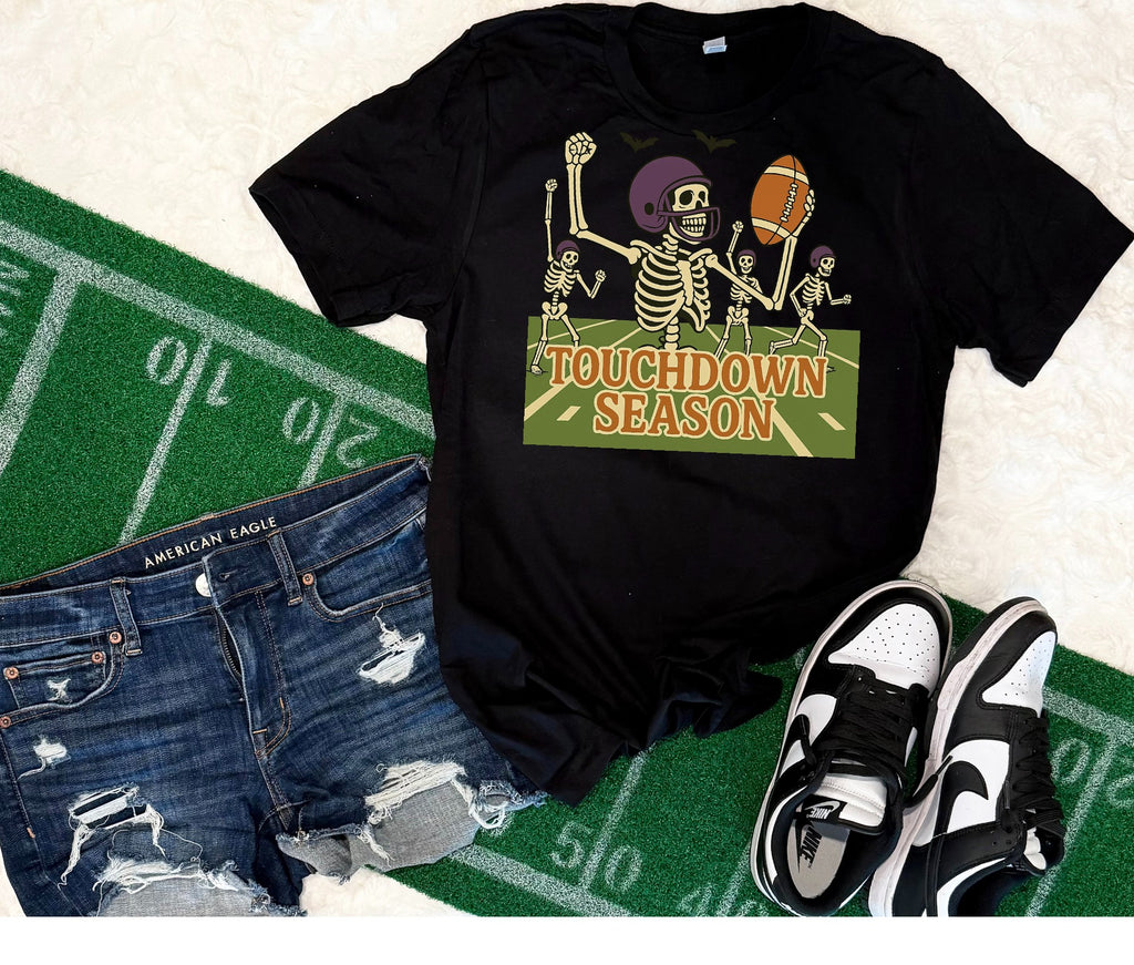 Skeleton Touchdown Season Tee, Unisex Skeleton Football T-Shirt, Funny Sports Shirt, Fall Celebration Apparel, Halloween Party Wear - Boo Crew Boutique